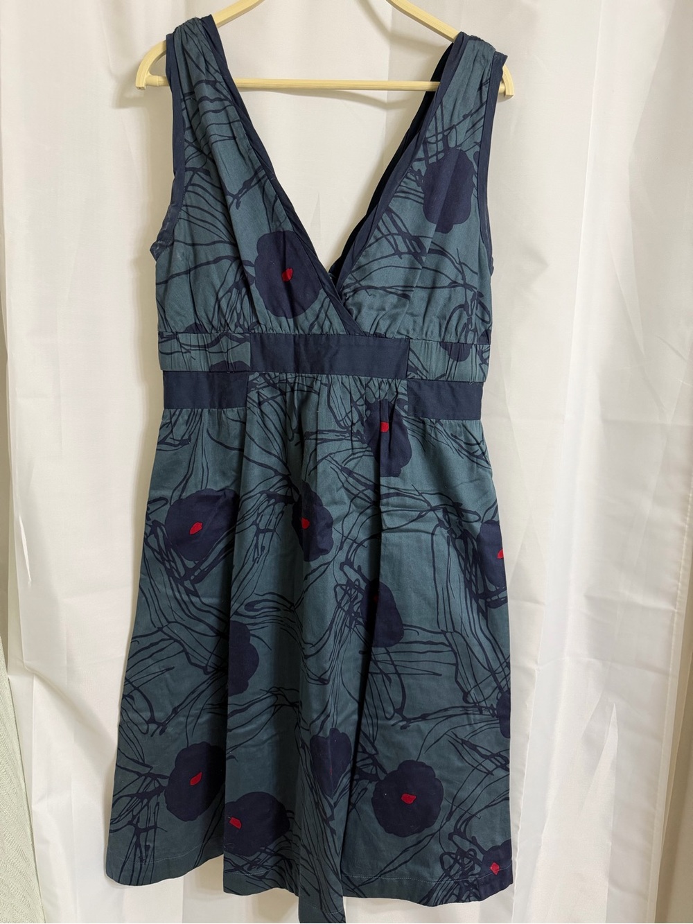Marc Jacobs Teal and Navy Floral V-Neck Dress with Red Accents